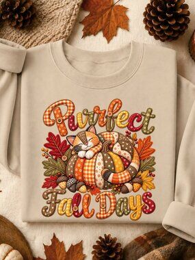 Purrfect Fall Days Sweatshirt Adult Unisex Graphic Crewneck Applique Cat Autumn